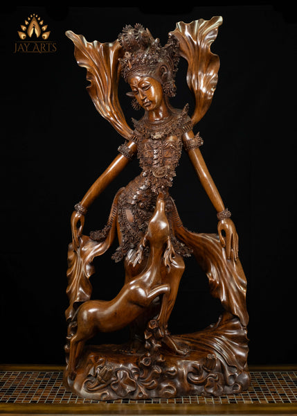 42" Sita with the Leaping Golden Deer | Hand-Carved Balinese Mahogany Masterpiece