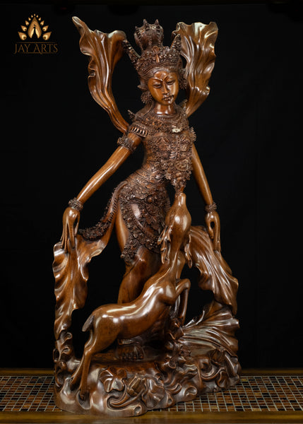 42" Sita with the Leaping Golden Deer | Hand-Carved Balinese Mahogany Masterpiece