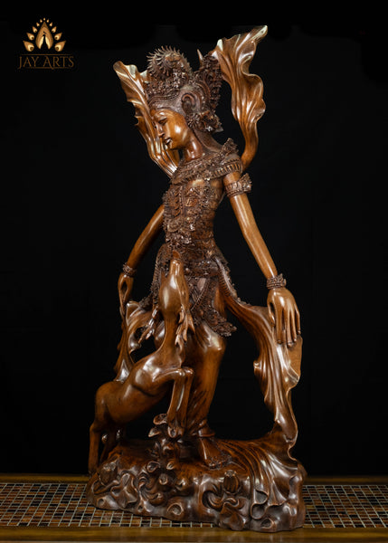 42" Sita with the Leaping Golden Deer | Hand-Carved Balinese Mahogany Masterpiece