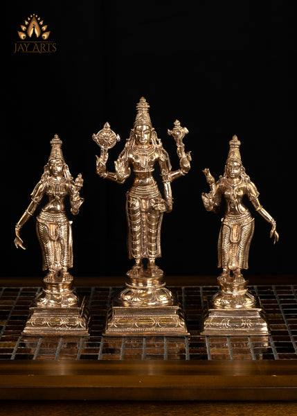 Lord Vishnu with Sri Devi and Bhu Devi 9.75" Panchaloha Bronze Vishnu Idol