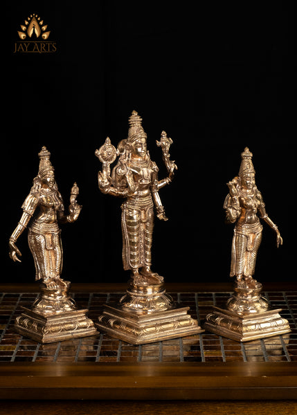 Lord Vishnu with Sri Devi and Bhu Devi 9.75" Panchaloha Bronze Vishnu Idol