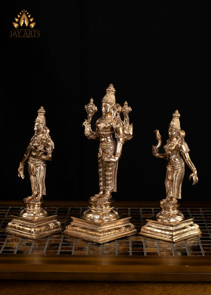 Lord Vishnu with Sri Devi and Bhu Devi 9.75" Panchaloha Bronze Vishnu Idol