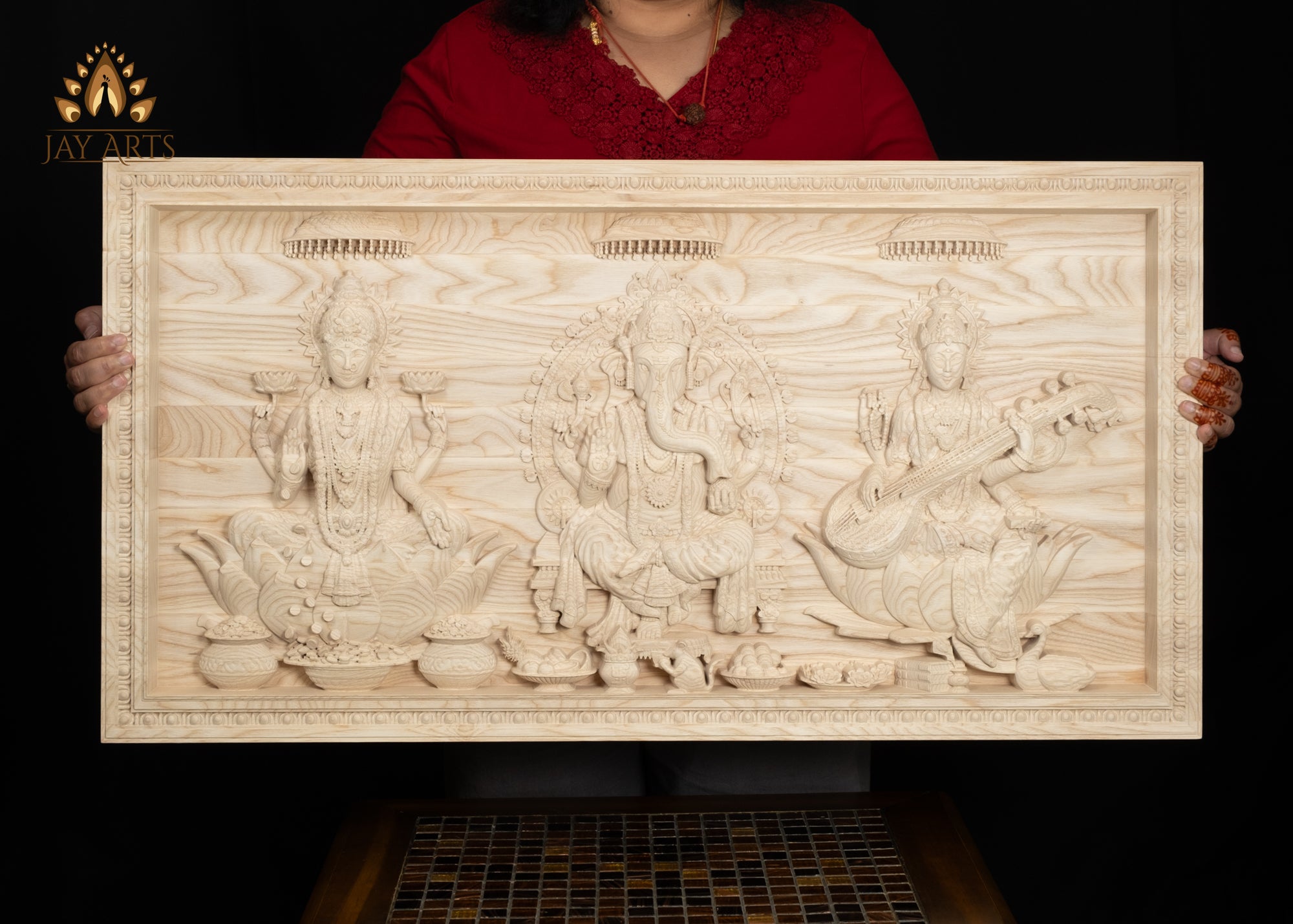 Copy of Custom Order - The Divine Trinities - Ganesh, Lakshmi and Saraswati Wood Carving 35-5/16” Wide x 18-11/16” Height