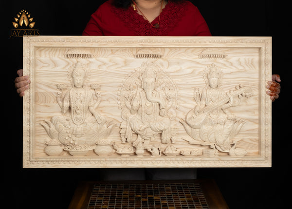Copy of Custom Order - The Divine Trinities - Ganesh, Lakshmi and Saraswati Wood Carving 35-5/16” Wide x 18-11/16” Height