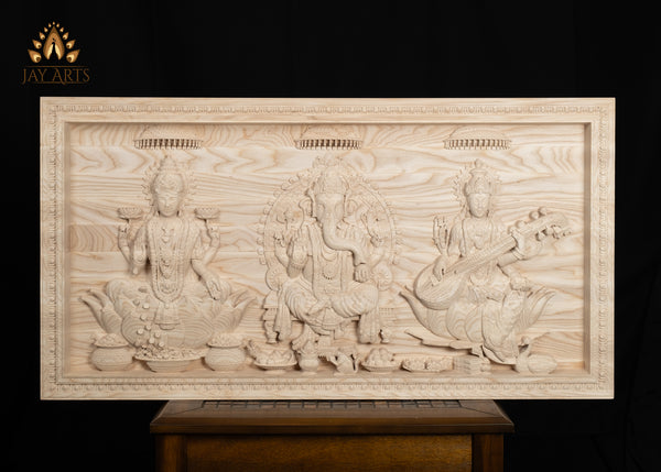 Copy of Custom Order - The Divine Trinities - Ganesh, Lakshmi and Saraswati Wood Carving 35-5/16” Wide x 18-11/16” Height