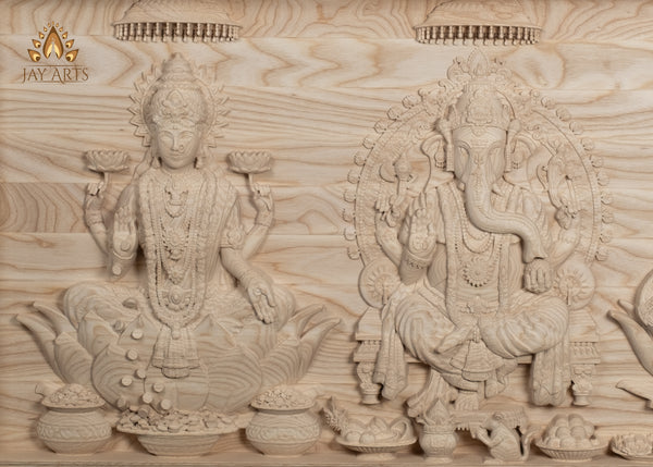 Custom Order - The Divine Trinities - Ganesh, Lakshmi and Saraswati Wood Carving 18-11/16” Height x 35-5/16” Wide