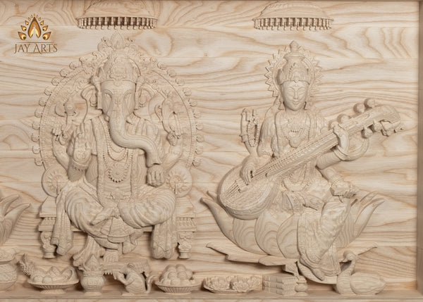 Custom Order - The Divine Trinities - Ganesh, Lakshmi and Saraswati Wood Carving 18-11/16” Height x 35-5/16” Wide