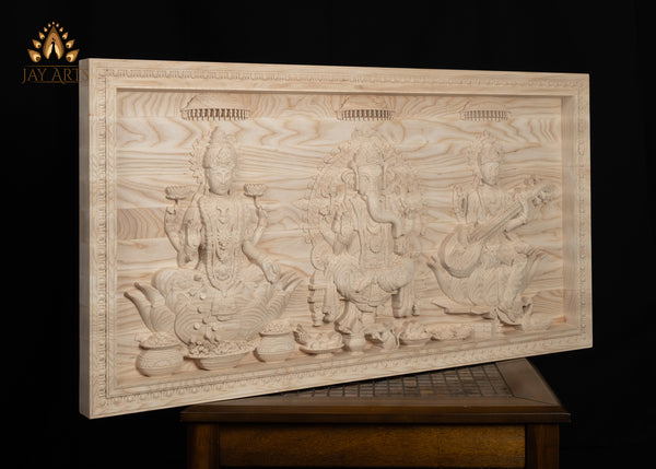 Copy of Custom Order - The Divine Trinities - Ganesh, Lakshmi and Saraswati Wood Carving 35-5/16” Wide x 18-11/16” Height