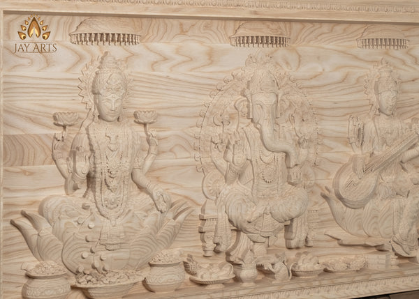 Copy of Custom Order - The Divine Trinities - Ganesh, Lakshmi and Saraswati Wood Carving 35-5/16” Wide x 18-11/16” Height