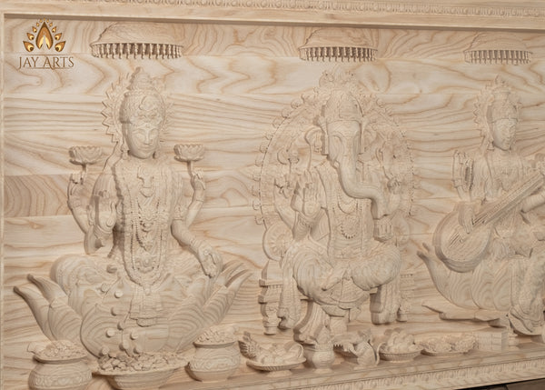 Custom Order - The Divine Trinities - Ganesh, Lakshmi and Saraswati Wood Carving 18-11/16” Height x 35-5/16” Wide