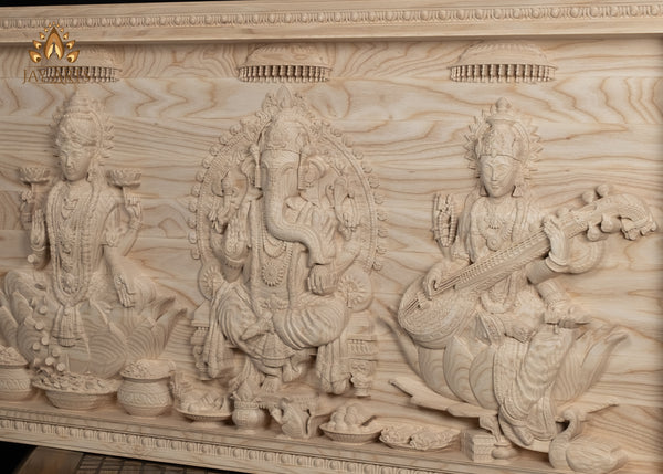 Copy of Custom Order - The Divine Trinities - Ganesh, Lakshmi and Saraswati Wood Carving 35-5/16” Wide x 18-11/16” Height