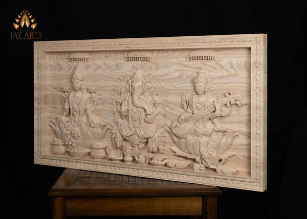 Custom Order - The Divine Trinities - Ganesh, Lakshmi and Saraswati Wood Carving 18-11/16” Height x 35-5/16” Wide