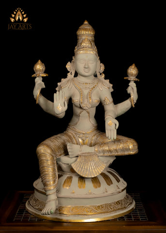 23" Brass Goddess Lakshmi Devi Statue with Exquisite Details seated on a Lotus
