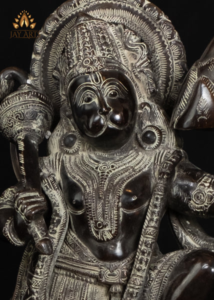 16" Brass Hanuman Carrying Sanjeevani Mountain - A Popular Art Form in Hindu Mythology