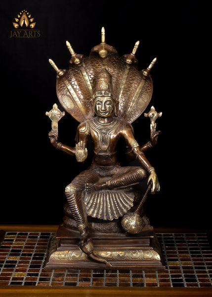 16" Bhagwan Vishnu with Shesha (Serpent) Brass Statue