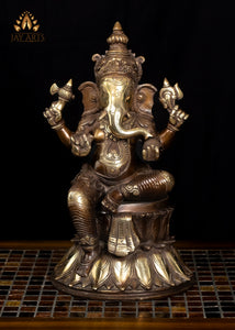 14" Lord Ganapthi seated on a Double Lotus Pedestal Brass Statue