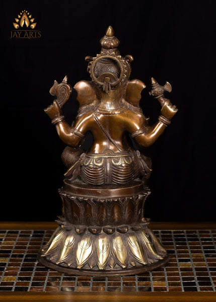 14" Lord Ganapthi seated on a Double Lotus Pedestal Brass Statue