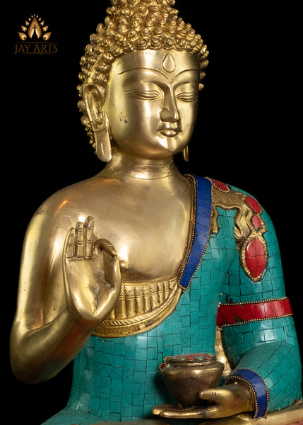 17" Brass Buddha in Vitarka Mudra and Robe decorated with Inlay Work