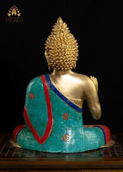 17" Brass Buddha in Vitarka Mudra and Robe decorated with Inlay Work