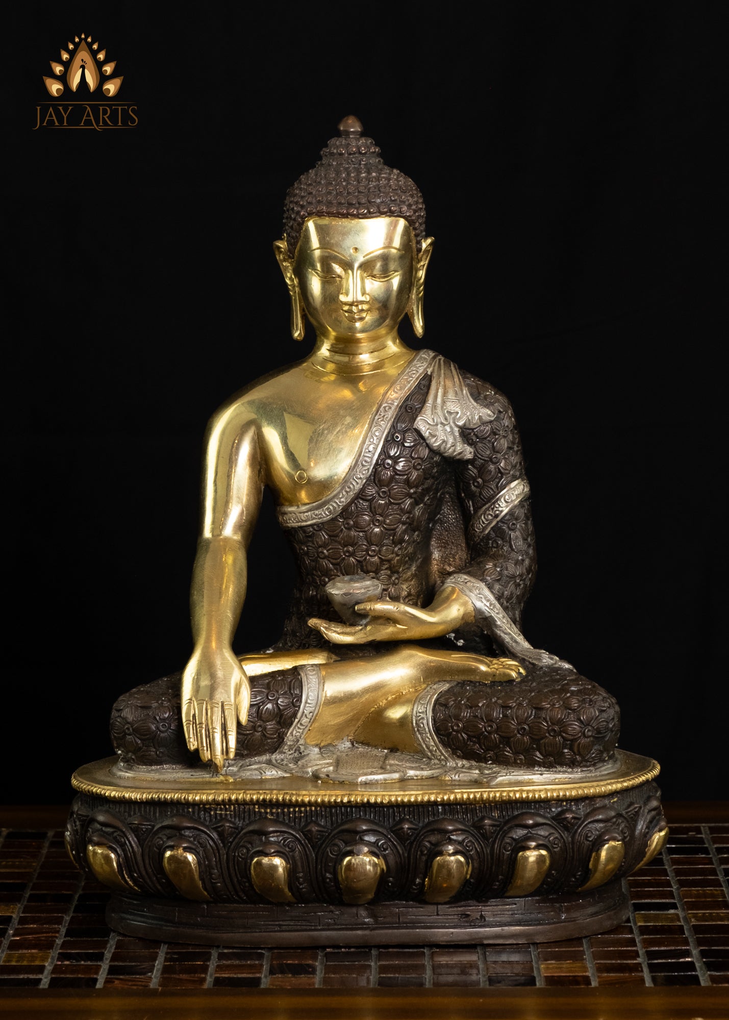 13" Brass Buddha in Earth touching gesture with Floral decorated Robe