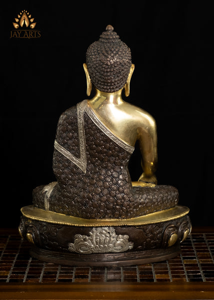 13" Brass Buddha in Earth touching gesture with Floral decorated Robe
