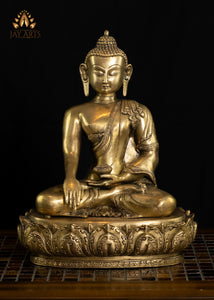 13" Brass Buddha Seated on a Lotus in Earth Witness Gesture