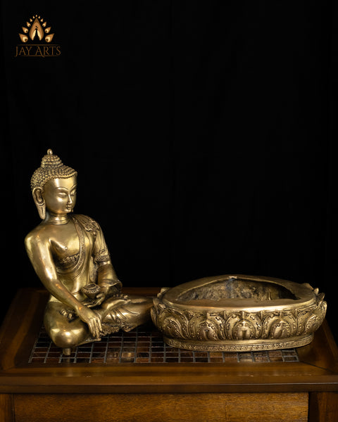 13" Brass Buddha Seated on a Lotus in Earth Witness Gesture