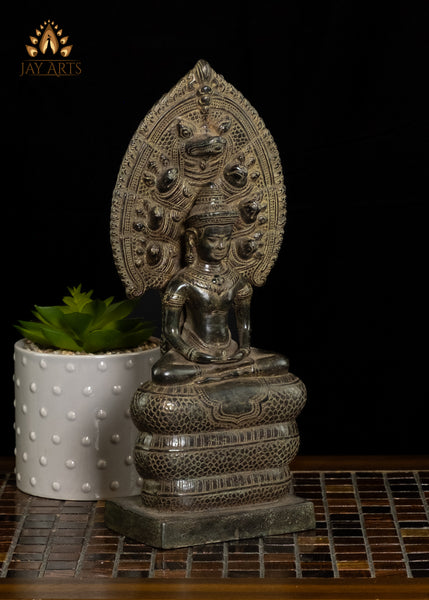 12" Cambodian Bronze Naga Buddha in Meditation protected by Muchalinda