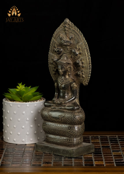 12" Cambodian Bronze Naga Buddha in Meditation protected by Muchalinda