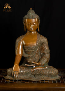 16" Brass Buddha in Earth Witness Mudra adorned with intricately designed Robe
