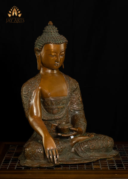 16" Brass Buddha in Earth Witness Mudra adorned with intricately designed Robe