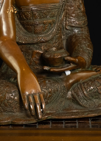 16" Brass Buddha in Earth Witness Mudra adorned with intricately designed Robe