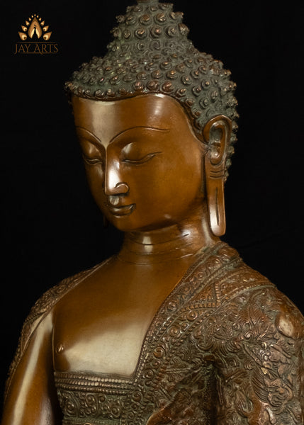 16" Brass Buddha in Earth Witness Mudra adorned with intricately designed Robe