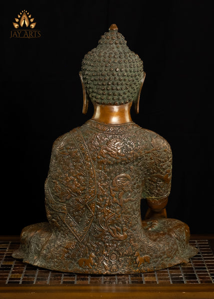 16" Brass Buddha in Earth Witness Mudra adorned with intricately designed Robe