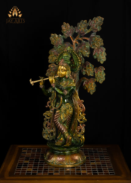 24" Brass Sri Krishna playing his flute under a Kadamba Tree