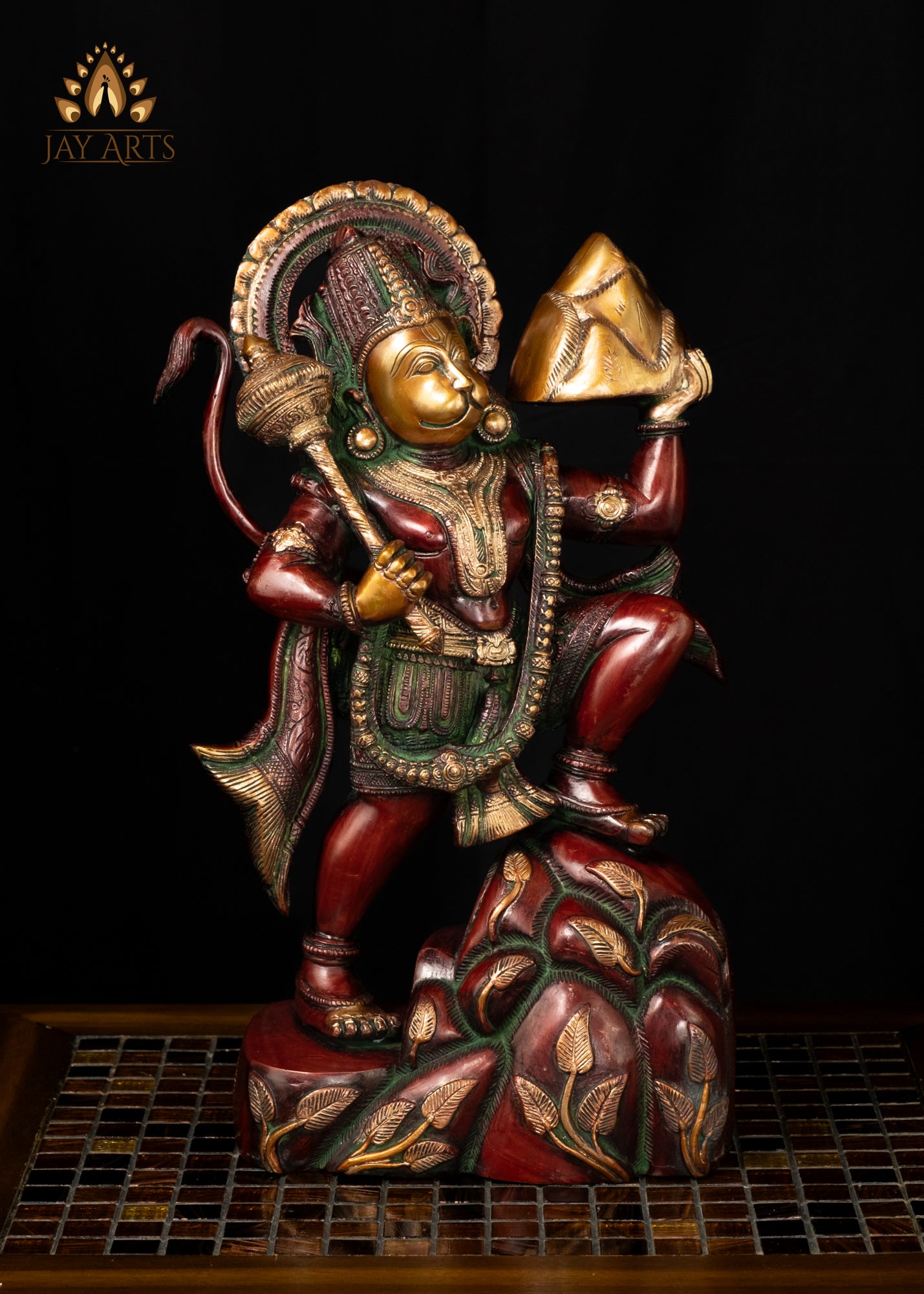 16" Brass Hanuman Carrying Sanjeevani Mountain - A Popular Art Form in Hindu Mythology