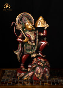 16" Brass Hanuman Carrying Sanjeevani Mountain - A Popular Art Form in Hindu Mythology