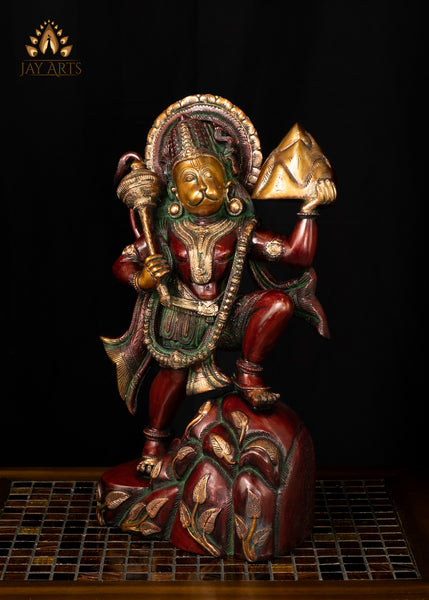 16" Brass Hanuman Carrying Sanjeevani Mountain - A Popular Art Form in Hindu Mythology