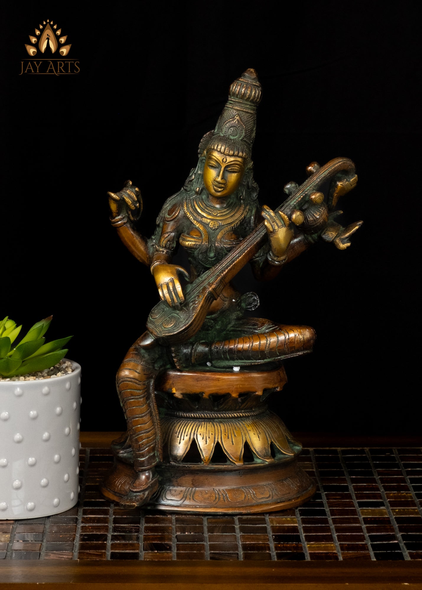 12" Brass Goddess Saraswati Statue - A Beautiful Representation of Beauty, Grace and Wisdom