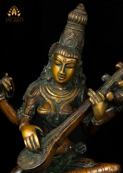 12" Brass Goddess Saraswati Statue - A Beautiful Representation of Beauty, Grace and Wisdom