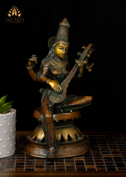 12" Brass Goddess Saraswati Statue - A Beautiful Representation of Beauty, Grace and Wisdom