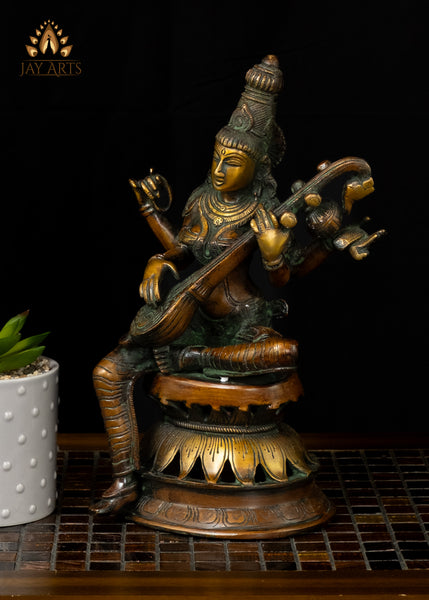 12" Brass Goddess Saraswati Statue - A Beautiful Representation of Beauty, Grace and Wisdom