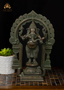 14" Standing Ganesh With A Mouse And Meticulously Detailed Arch Brass Statue