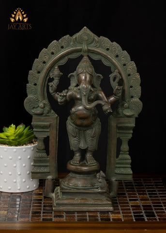 14" Standing Ganesh With A Mouse And Meticulously Detailed Arch Brass Statue