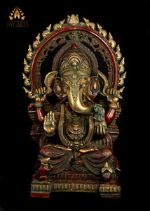 Enthroned Ganesh with marching mice aureole 21" Brass Statue
