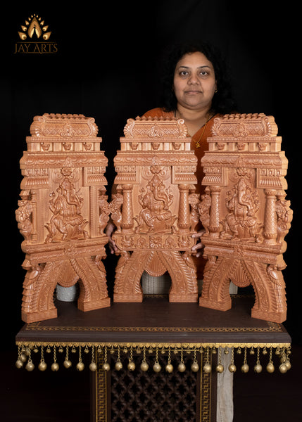 24” Ganesh Wood Carving with Lotus Pillars, Yalis and Peacocks Kavadi Wall Panel