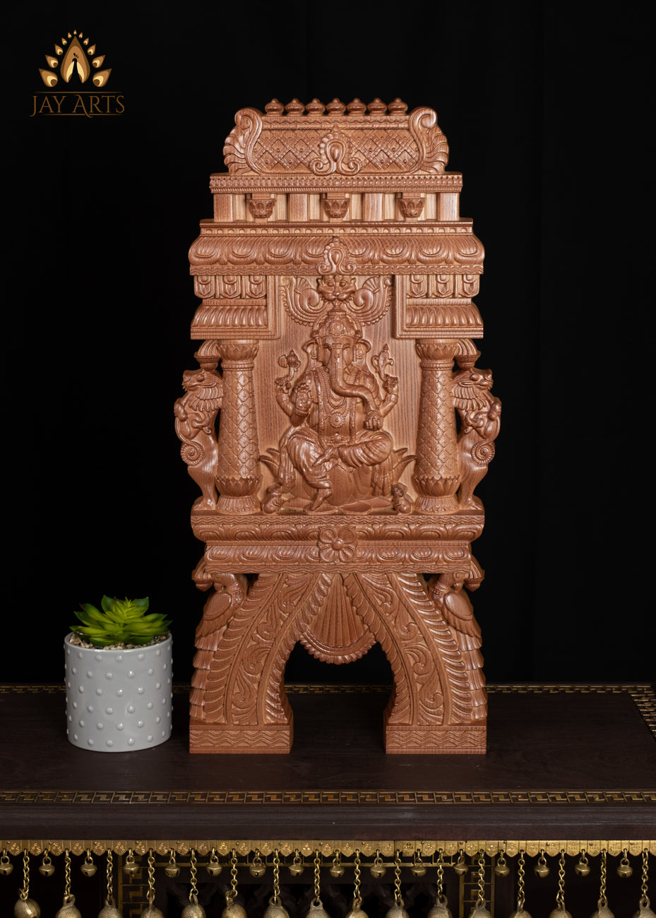 24” Ganesh Wood Carving with Lotus Pillars, Yalis and Peacocks Kavadi Wall Panel