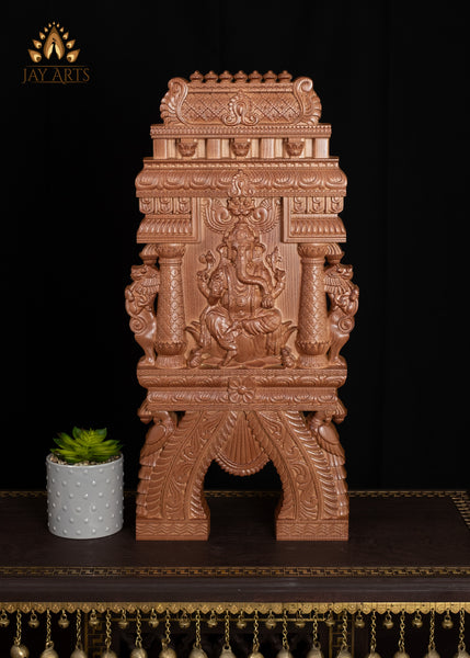 24” Ganesh Wood Carving with Lotus Pillars, Yalis and Peacocks Kavadi Wall Panel