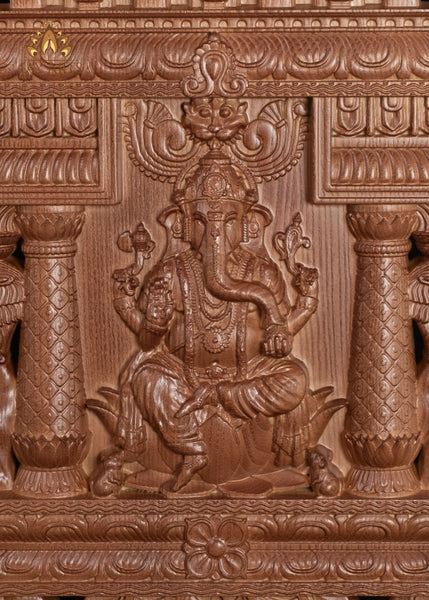 24” Ganesh Wood Carving with Lotus Pillars, Yalis and Peacocks Kavadi Wall Panel