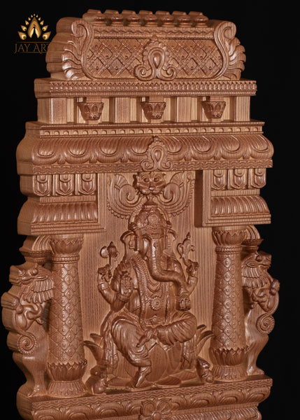 24” Ganesh Wood Carving with Lotus Pillars, Yalis and Peacocks Kavadi Wall Panel